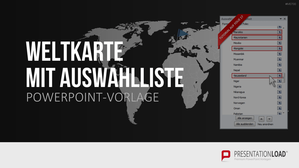 Weltkarte mit Auswahlliste PowerPoint-Vorlage