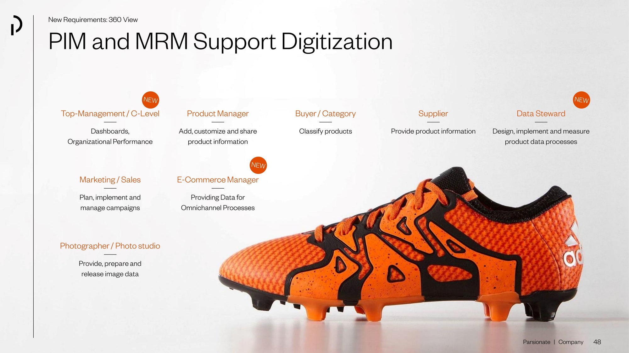 Orange Fußballschuh mit Business-Stichpunkten