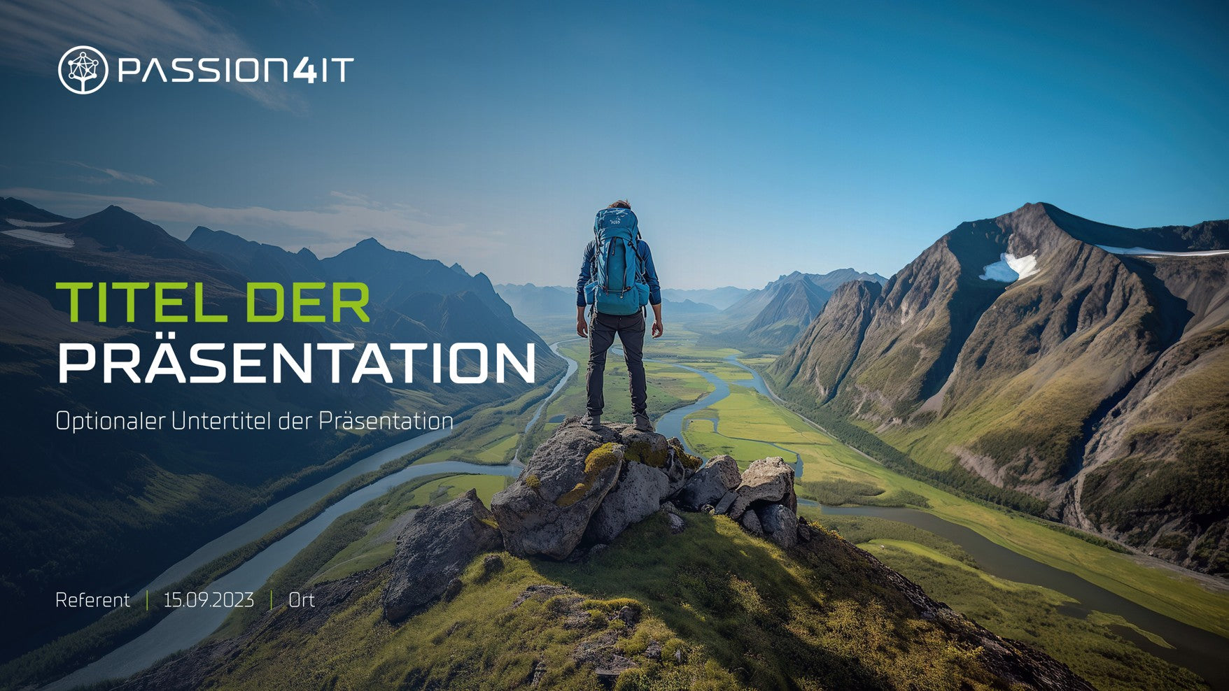 Person auf Berg mit Präsentationstitel